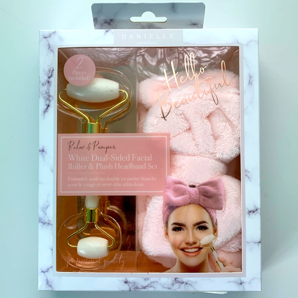 White Dual-Sided Facial Roller & Plush Headband Set